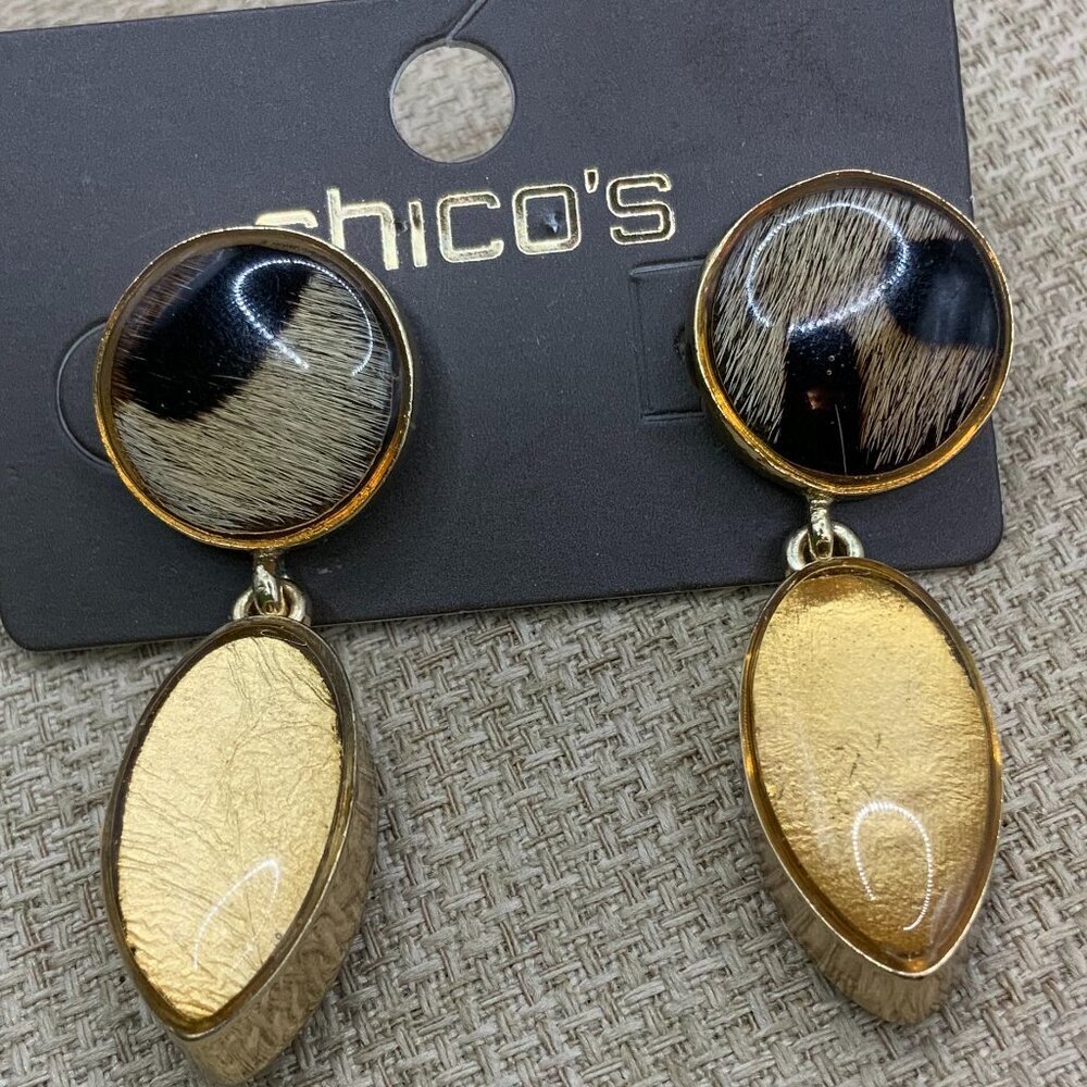 Chico's Modern Animal Print Black Gold Tone Dangle Stud Earrings